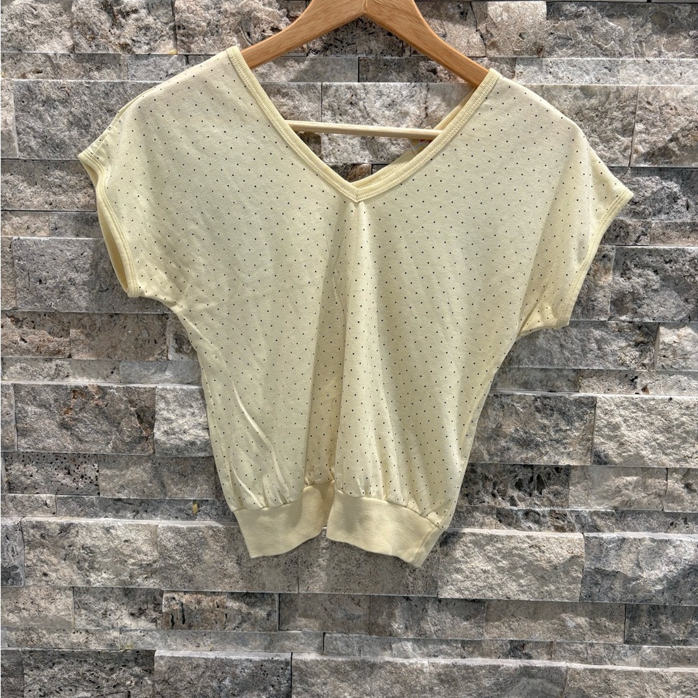 Encore Jeans Light Yellow Short Sleeve V-Neck Top with Eyelet Detail